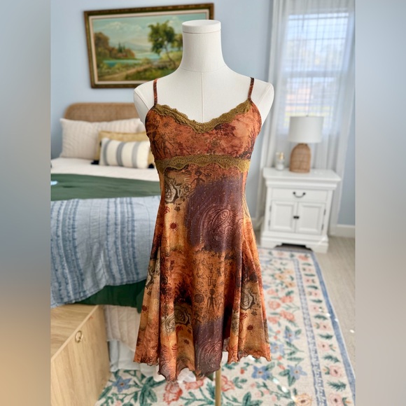 Vintage Dresses & Skirts - Vintage Rust & Olive Paisley Slip Dress